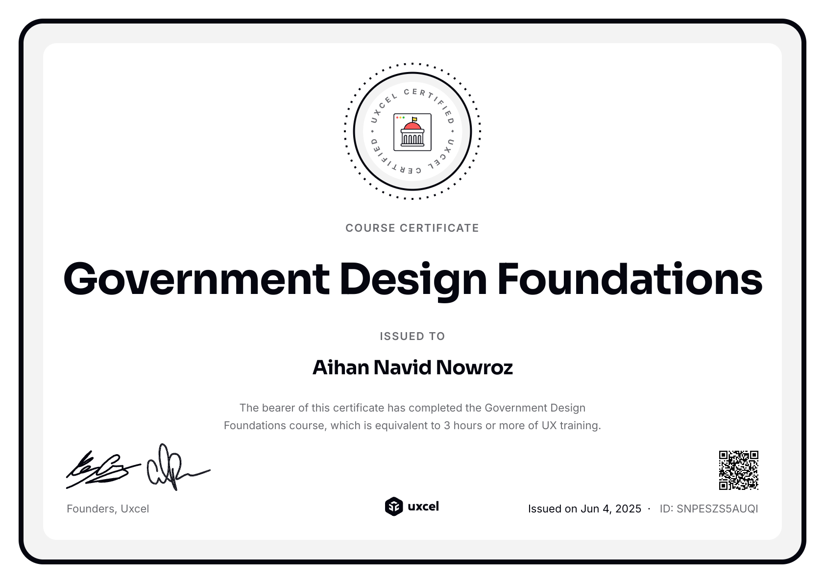Aihan Navid Nowroz's certificate
